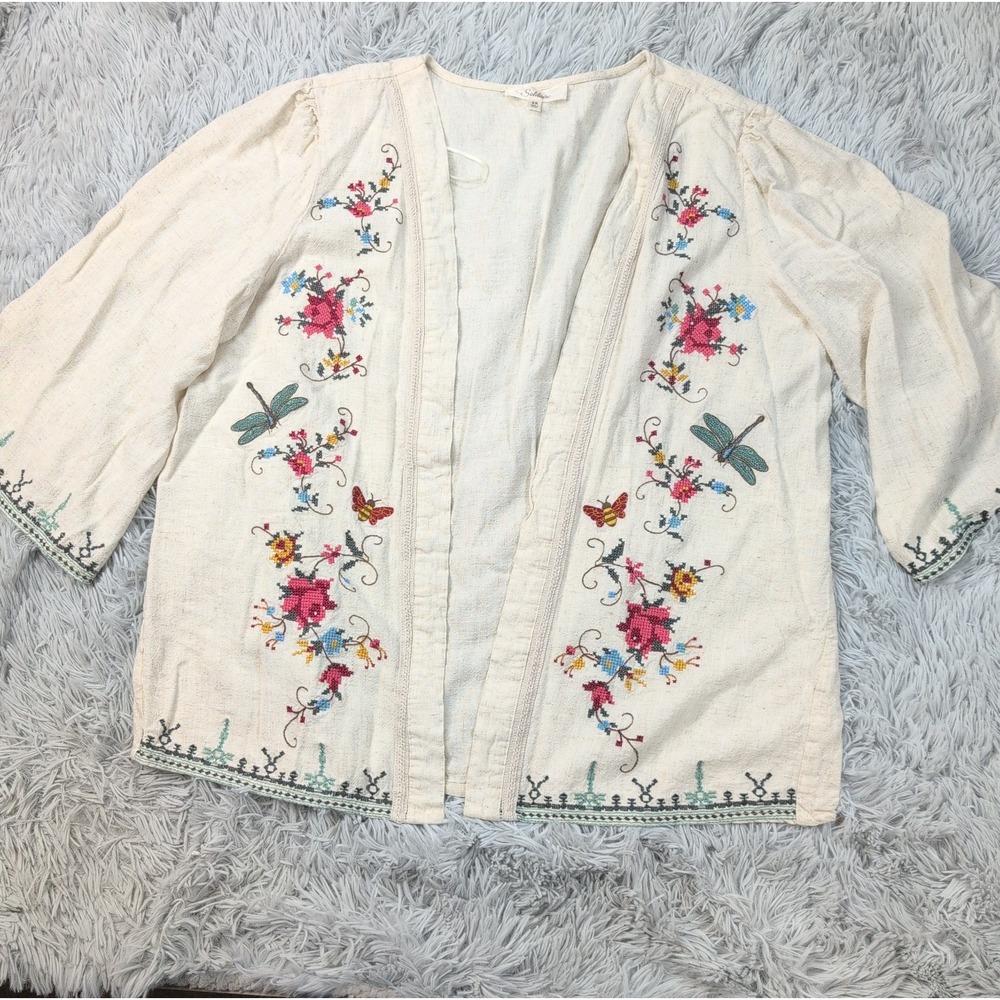 Solitaire Shirt Womens 2X Linen Blend Open Front Comfort Boho Embroidery Floral